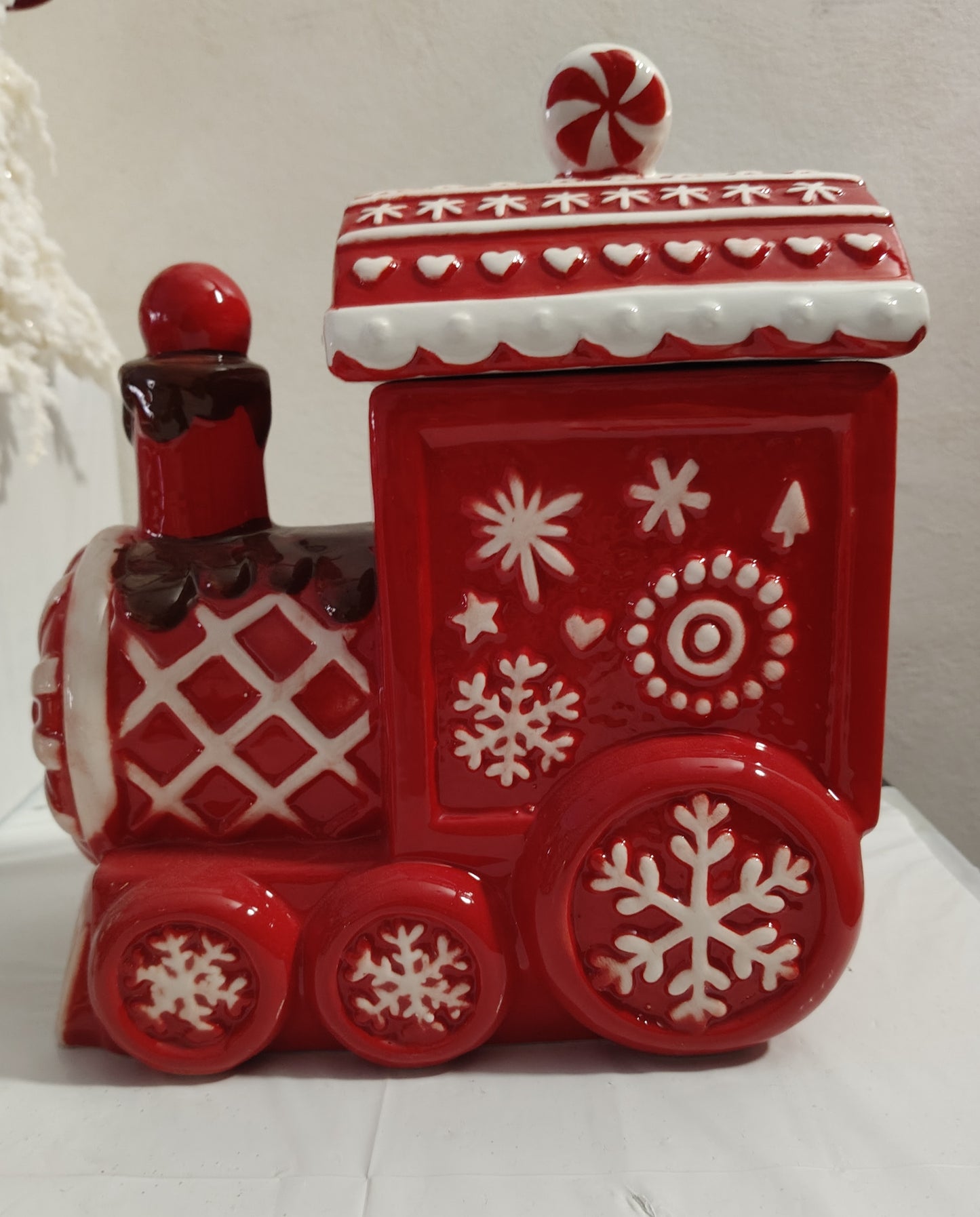 Biscottiera Trenino in Ceramica Rosso e Bianco Grande