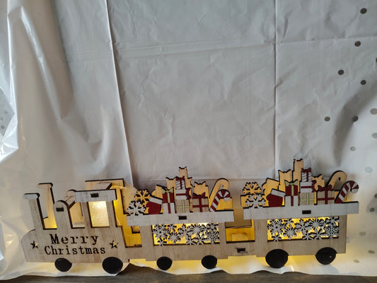 Trenino Natalizio in Legno Intagliato con Luce Calda – Decorazione Luminosa di Natale